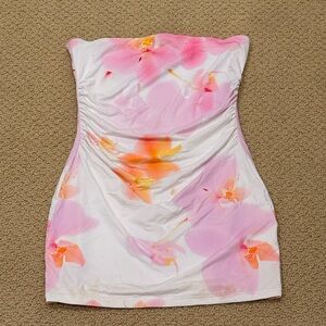 White Fox Boutique Floral Bodycon Ruched Strapless Dress